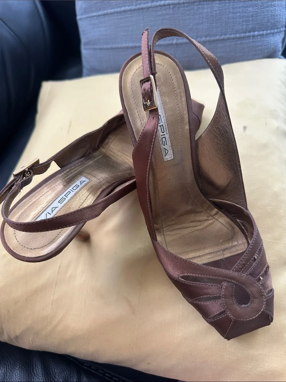 Via Spiga Brown Satin Peep-Toe Slingback Heels